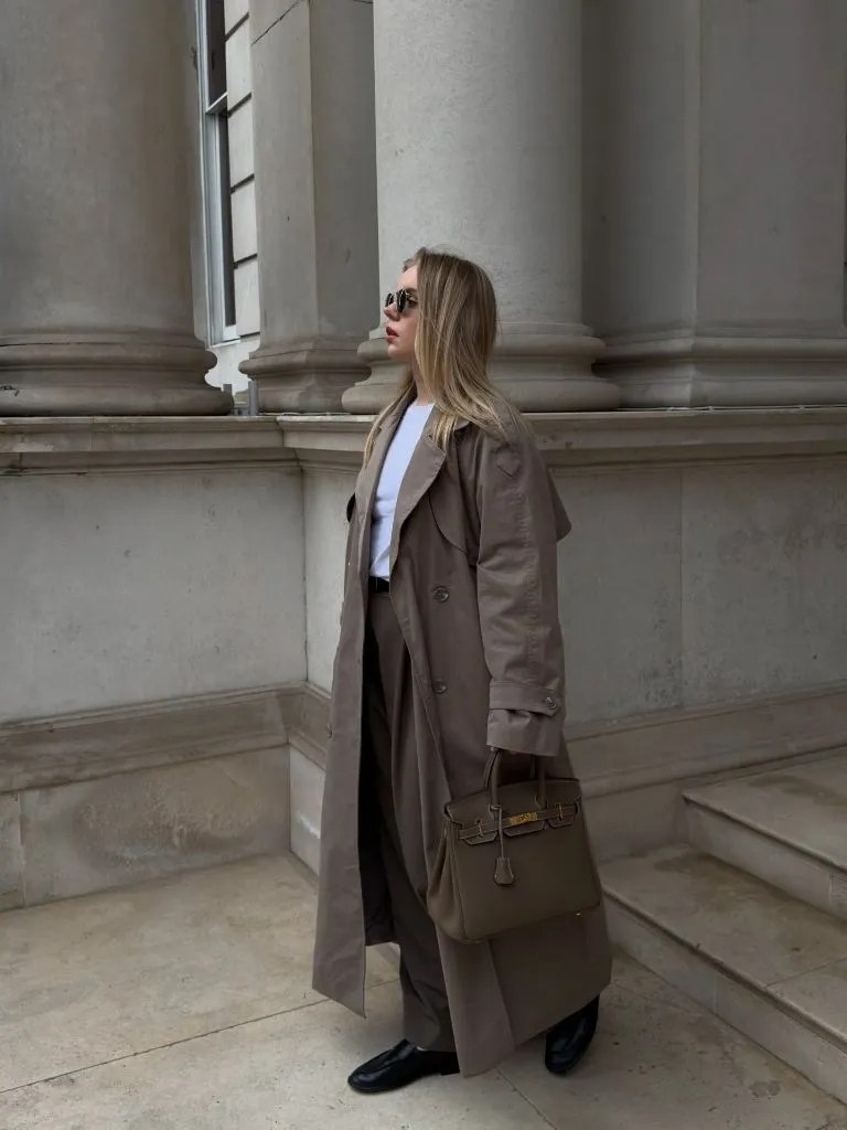 Coat Fall Outfits 2026 Tonal Taupe Trench With Matching Trousers and Birkin