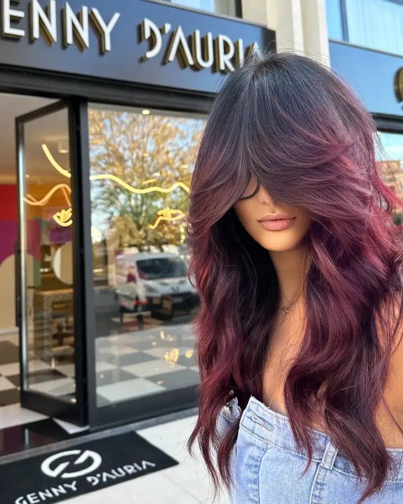 Fall Brunette Hair Colour 2026 Deep Plum Burgundy with Voluminous Blown-Out Waves