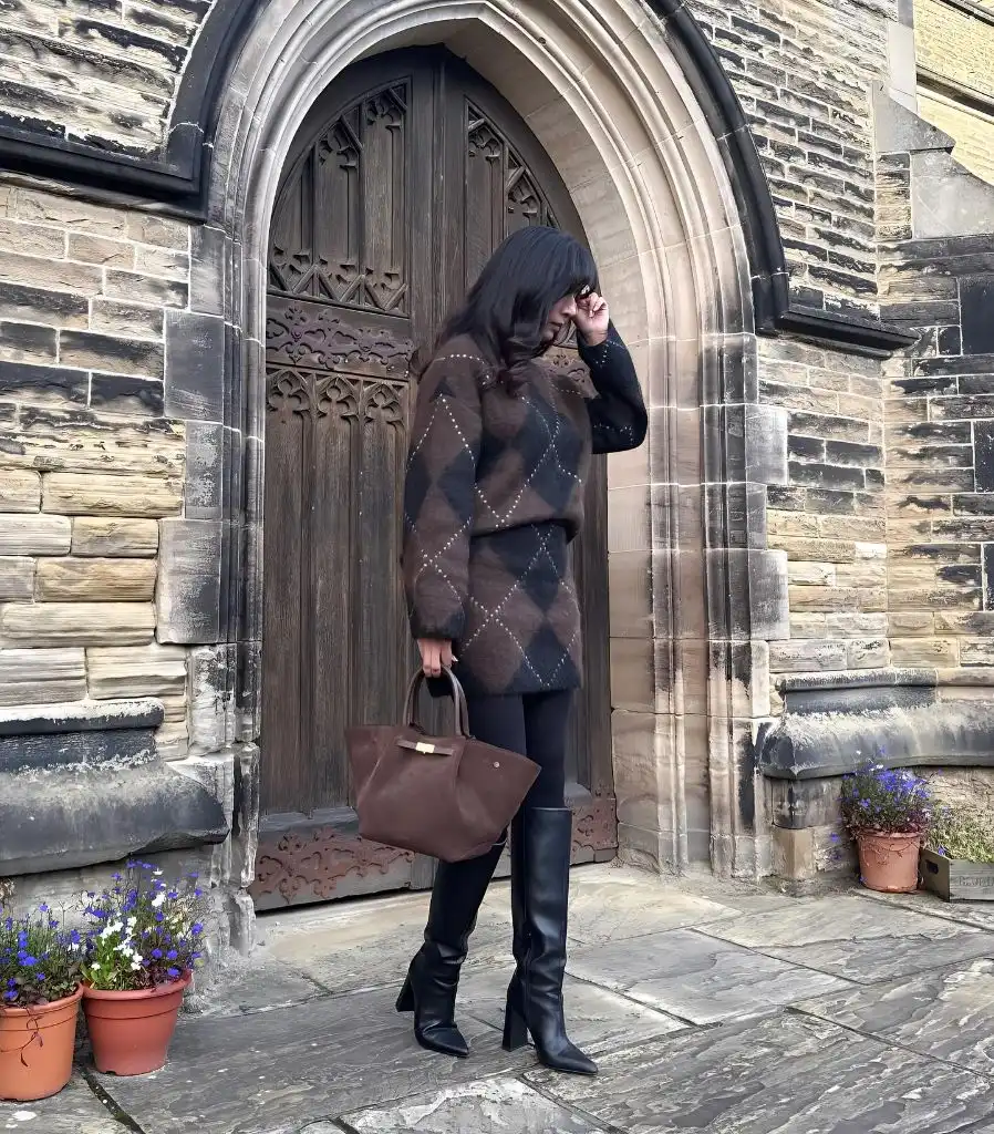 Knit Skirt Outfits Fall 2026 Brown Argyle Sweater Dress With Tall Boots for Dark Academia Days