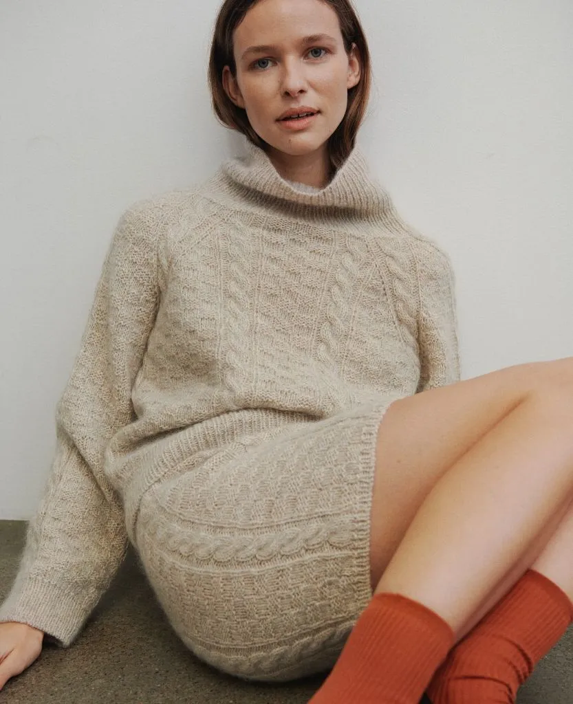 Knit Skirt Outfits Fall 2026 Beige Cable-Knit Matching Set With Rust Socks for a Quiet Statement