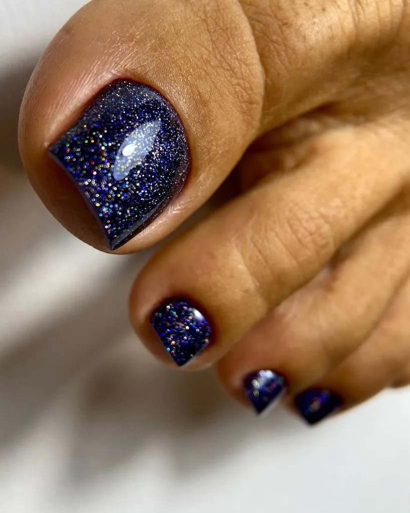 August Toe Nails 2026 Midnight Galaxy Glitter Pedicure for a Dramatic Dark Finish
