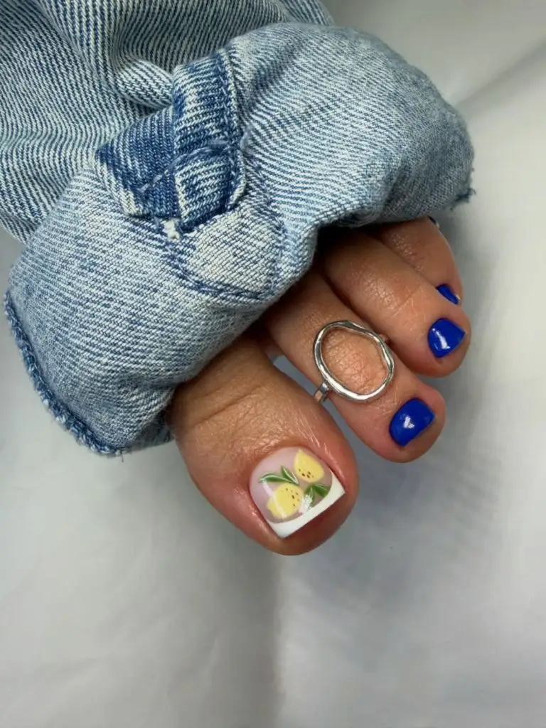 August Toe Nails 2026 Bold Cobalt Blue Toes With Lemon Accent Nail Art
