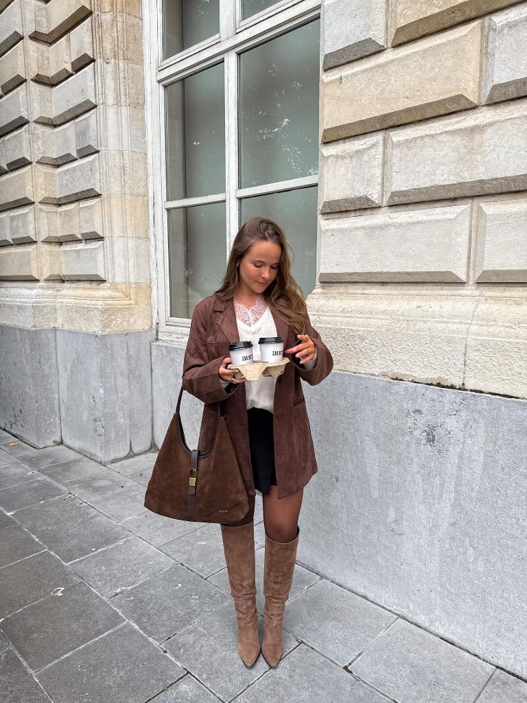 Early Fall Outfits 2026 Rich Suede Blazer With Knee-High Boots for Weekend Brunch