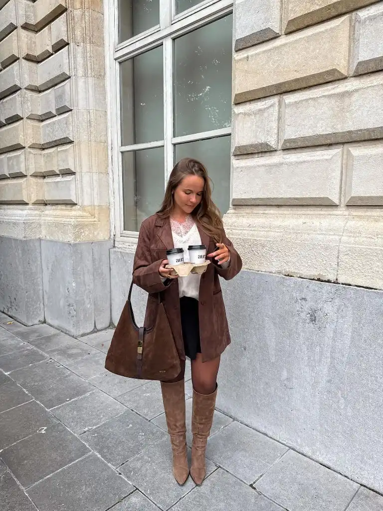 Early Fall Outfits 2026 Rich Suede Blazer With Knee-High Boots for Weekend Brunch