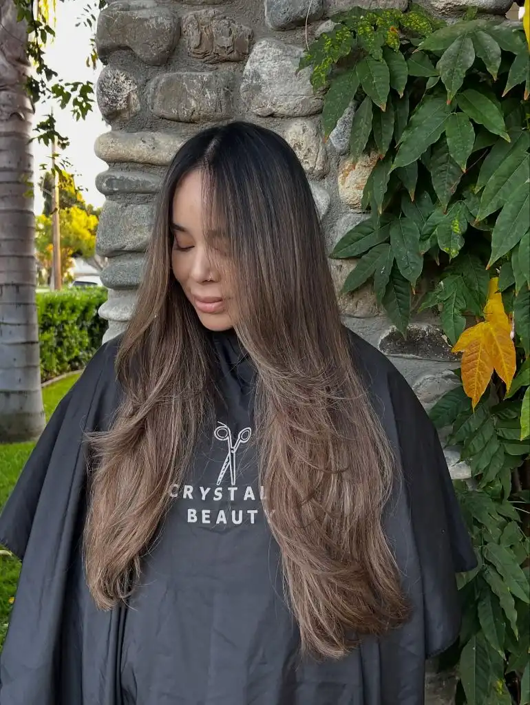 Fall Hairstyles 2026 Black-to-Ash Ombré with Soft V-Cut Layers