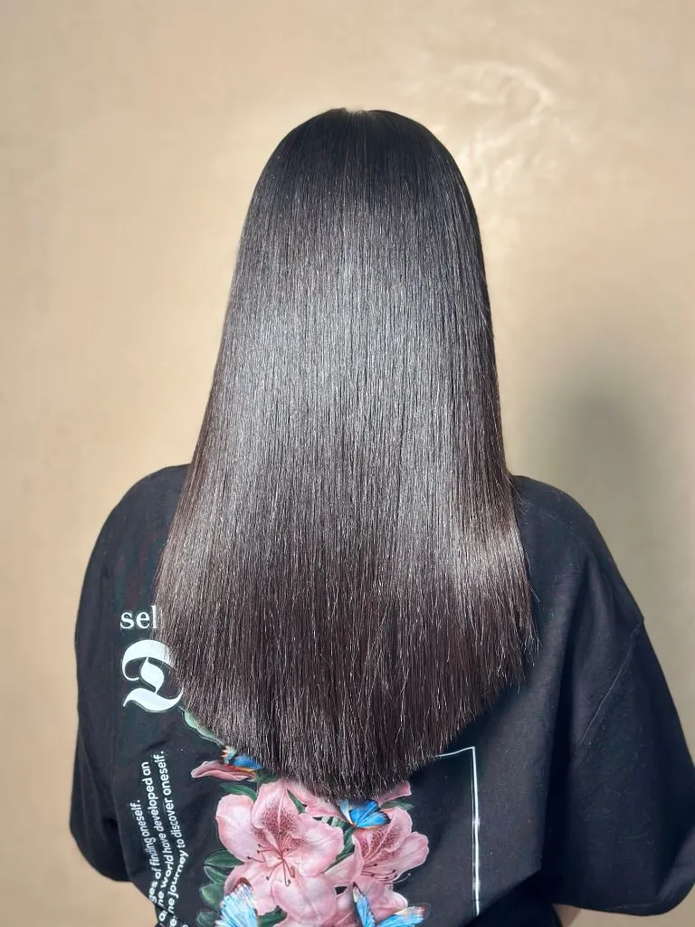 Fall Medium Haircuts 2026 Sleek Dark Hair With a Glass-Smooth Finish and Blunt Ends