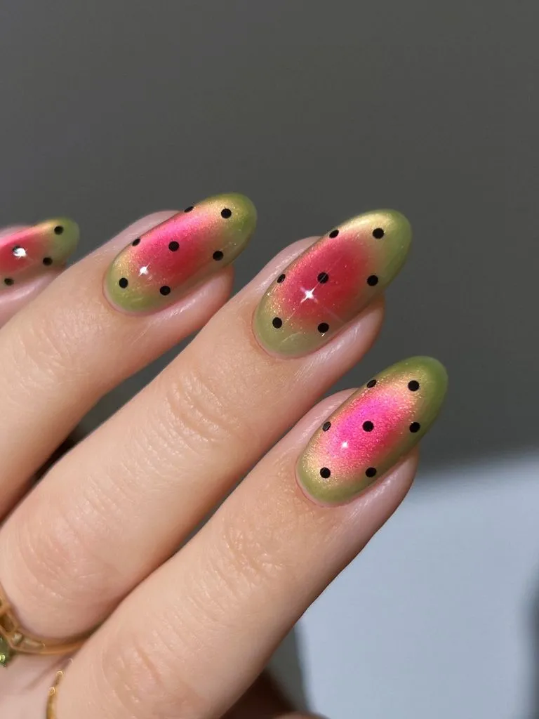 August Nails Color 2026 Watermelon Chrome Nails for a Playful August Fruit-Inspired Design