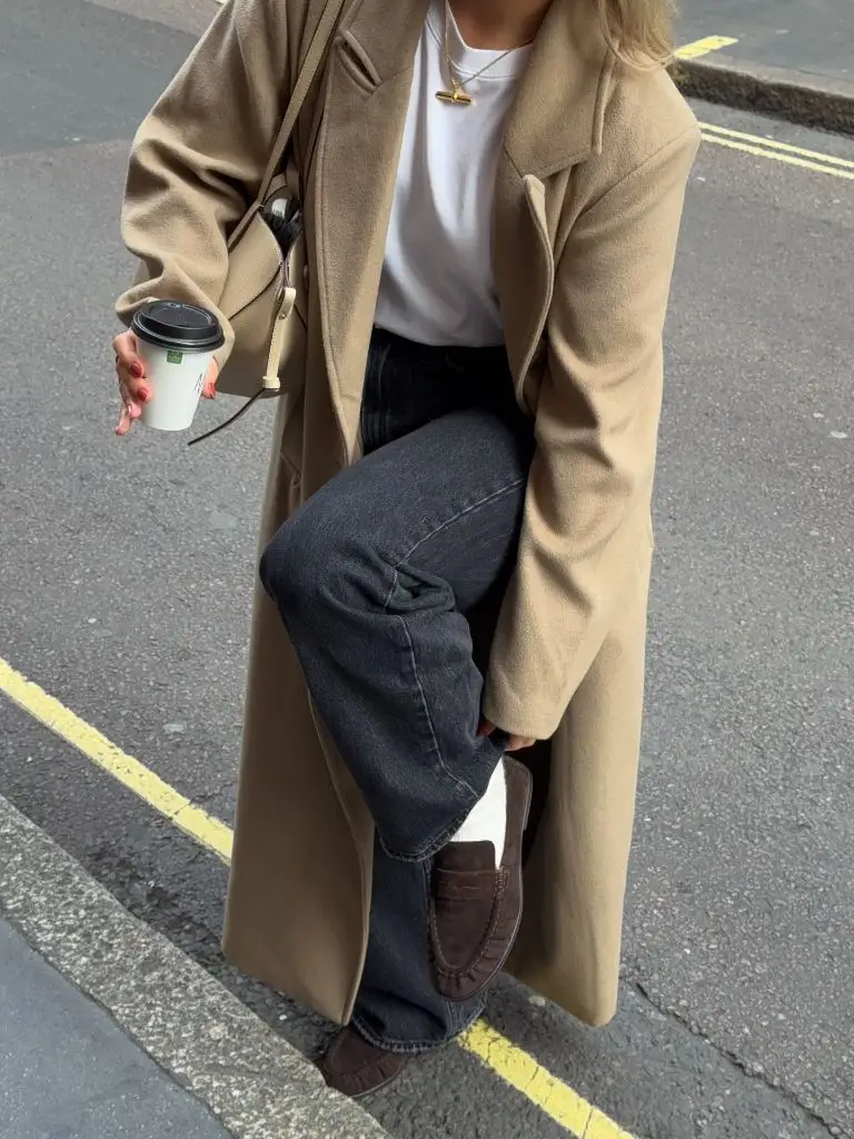 Wide Leg Jeans Outfit Fall 2026 Camel Wool Overcoat With Charcoal Wide Leg Denim