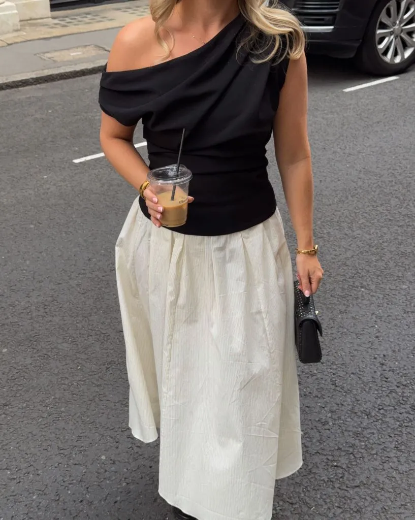 Wide Leg Jeans Outfit Fall 2026 Black Draped Top With Ivory Full Skirt