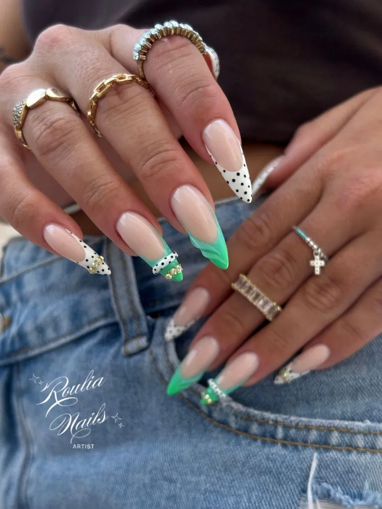 August Nails Ideas 2026 Mint Green and Polka-Dot French Tips With Crystal Accents