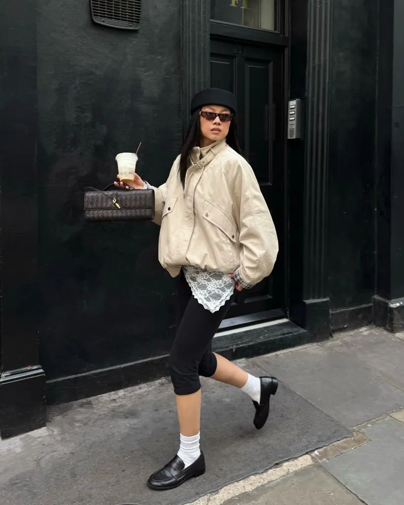 Fall Outfits With Peacoat 2026 Cream Cropped Bomber-Trench With Lace Hem and Loafers