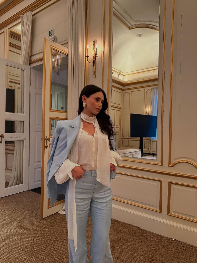 Fall Professional Outfits Women 2026 Powder Blue Suit With Ivory Blouse And Scarf Tie