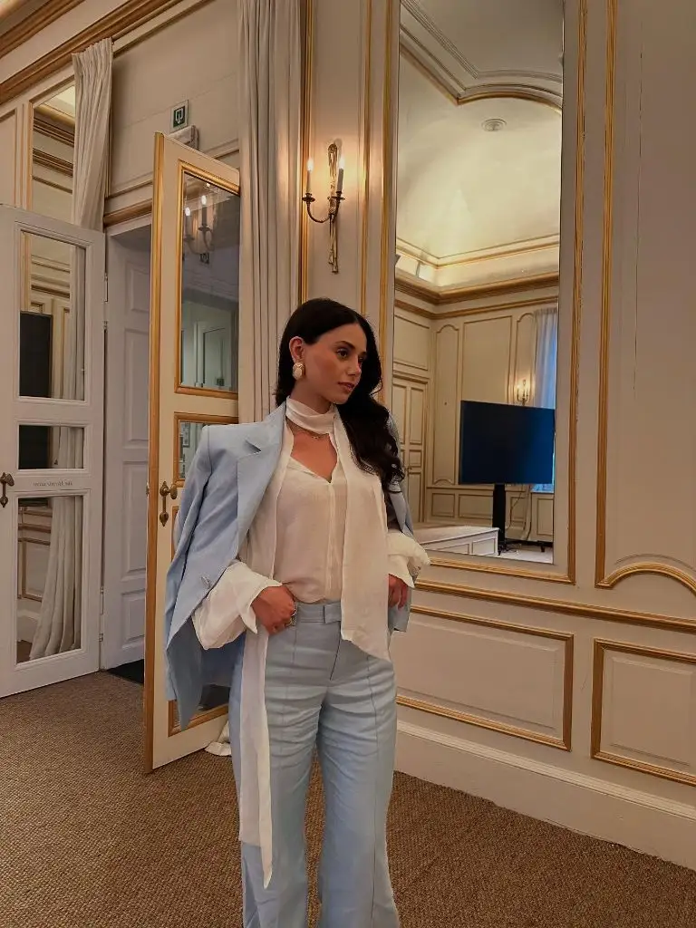 Fall Professional Outfits Women 2026 Powder Blue Suit With Ivory Blouse And Scarf Tie