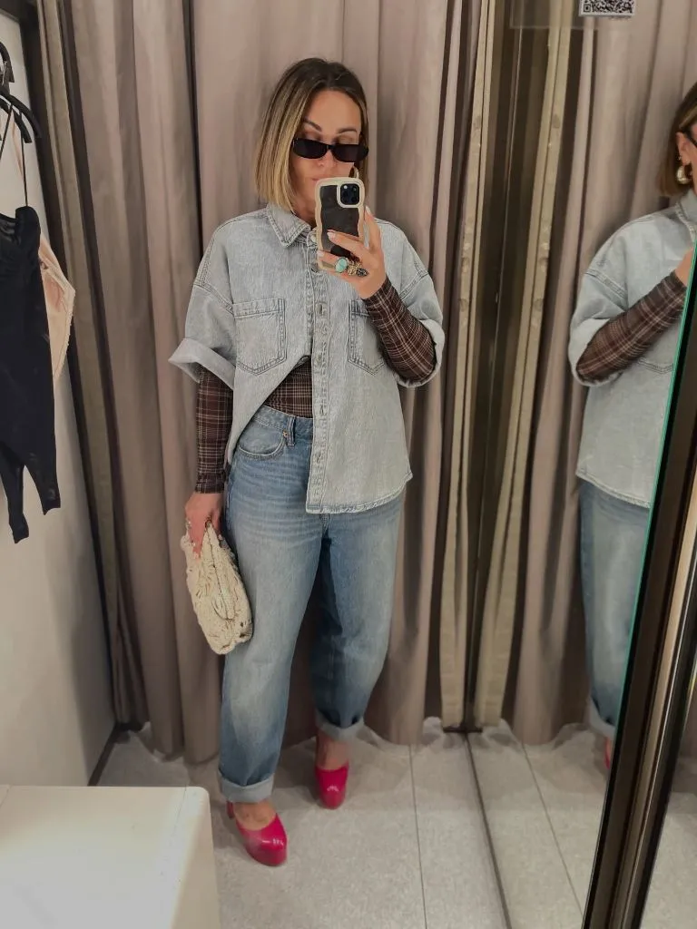 Wide Leg Jeans Outfit Fall 2026 Layered Denim Shirt With Rolled Boyfriend Jeans