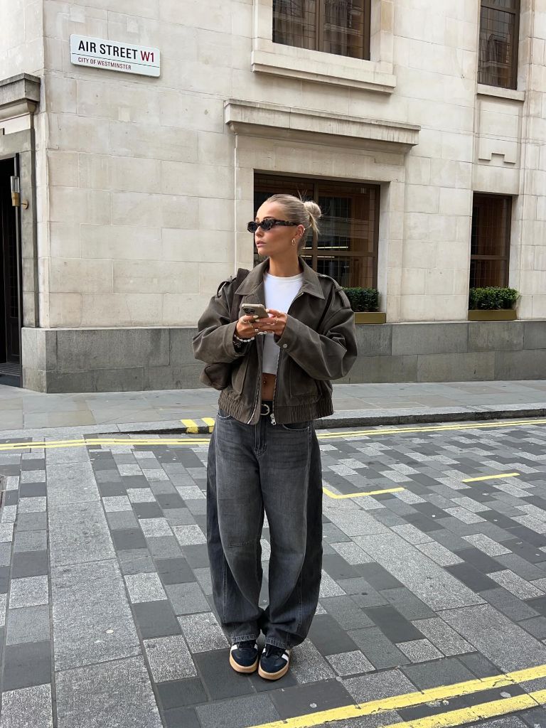 What Are the Best Fall Outfits for Casual Days 2026 Grey Suede Bomber With Baggy Grey Jeans