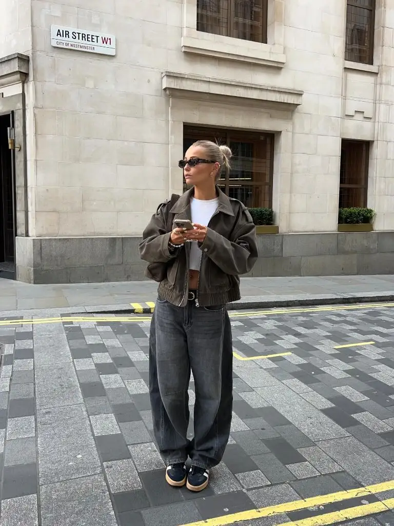 What Are the Best Fall Outfits for Casual Days 2026 Grey Suede Bomber With Baggy Grey Jeans