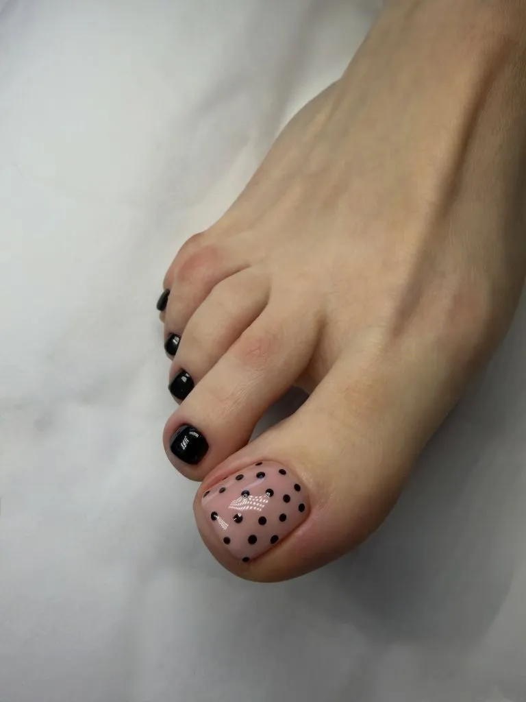 August Toe Nails 2026 Black Polka Dot Sheer Accent With Glossy Black Toes