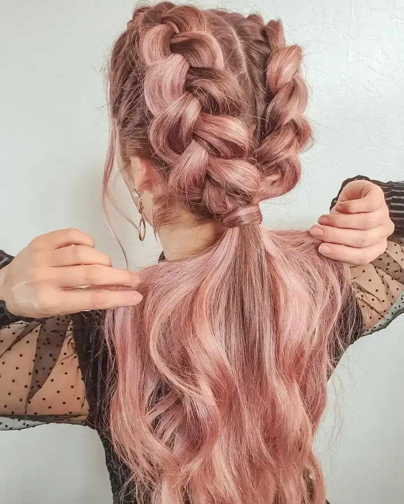 Fall Hairstyles for Long Hair 2026 Dusty Rose Double Dutch Braids with a Low Ponytail