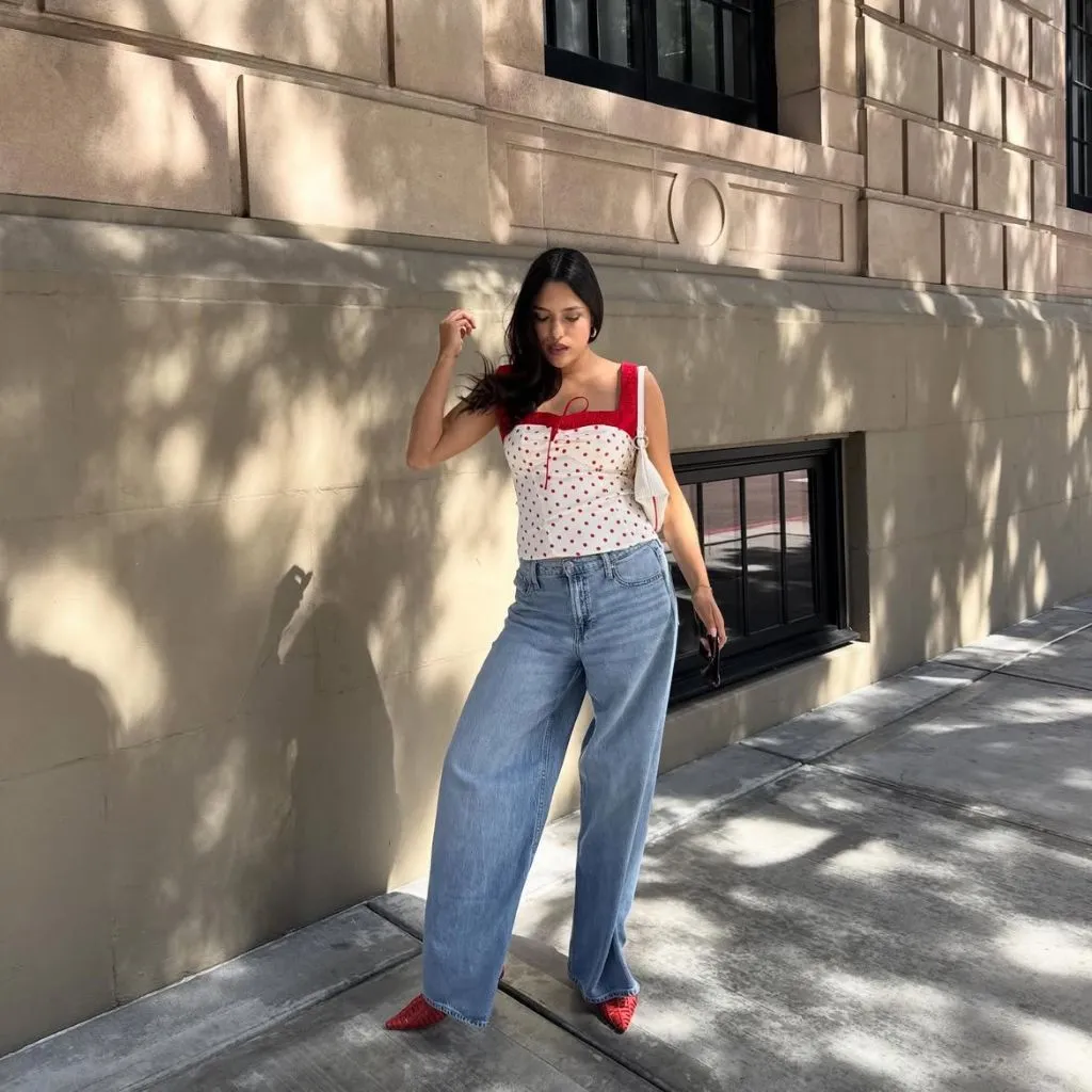 Midi Skirt Fall Outfit 2026 Red Polka Dot Corset Top With Light-Wash Wide Leg Denim