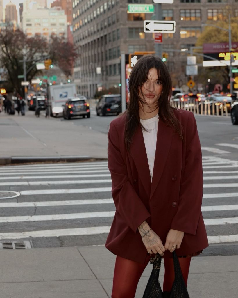 Early Fall Outfits 2026 Burgundy Oversized Blazer With Red Tights for City Nights