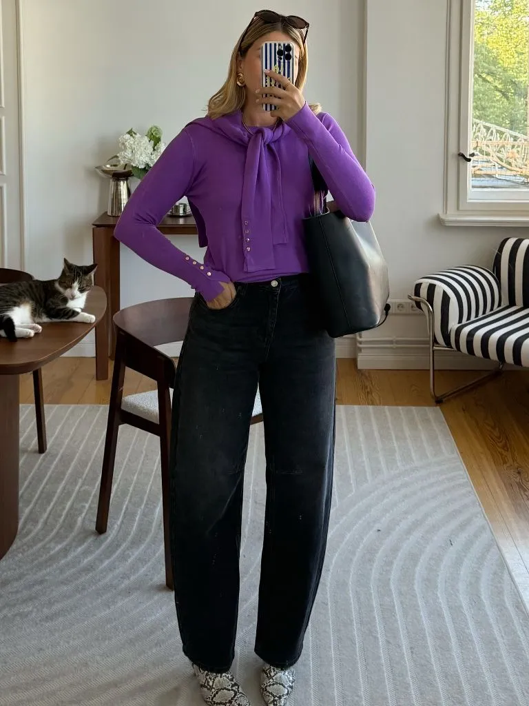 Fall Classy Outfits Women 2026 Purple Long-Sleeve and Black Baggy Jeans for At-Home Mirror Moments