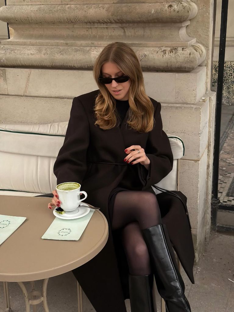 Fall Professional Outfits Women 2026 Chocolate Belted Coat With Sheer Tights And Boots