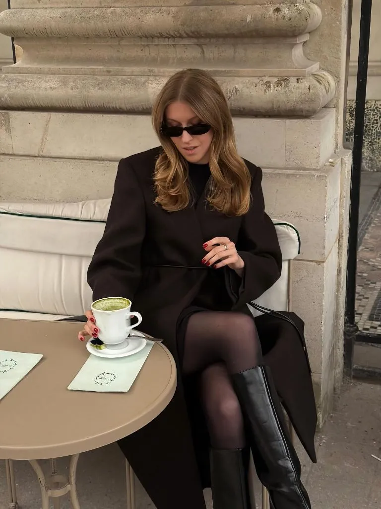 Fall Professional Outfits Women 2026 Chocolate Belted Coat With Sheer Tights And Boots