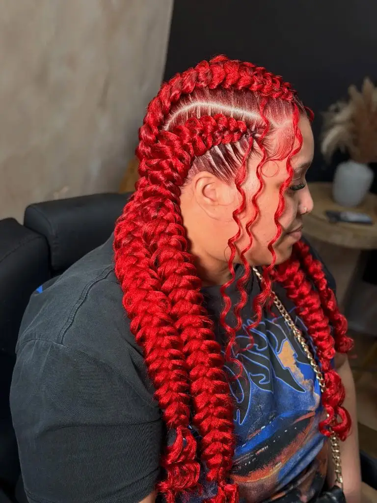 Butterfly Braids Hairstyle 2026 Vivid Red Butterfly Braids with Bold Color Impact