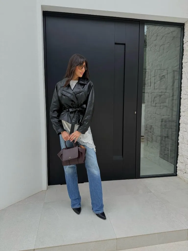 Fall Classy Outfits Women 2026 Cropped Leather Jacket and Lace Slip for Doorstep Departures