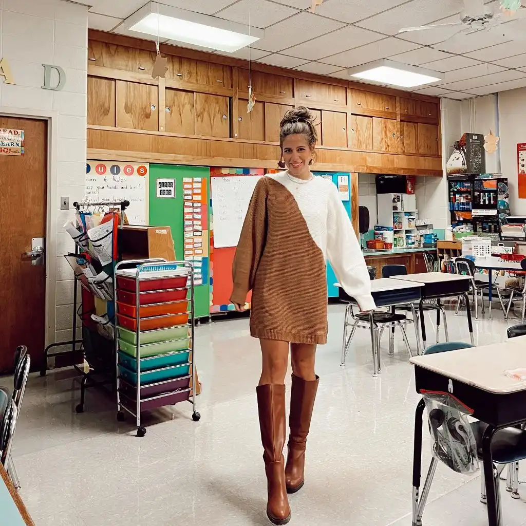 Fall Sweater Dress Outfits 2026 Color-Block Sweater Dress With Cognac Boots for the Classroom