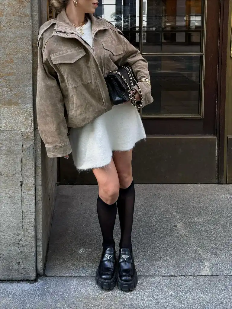 Knit Skirt Outfits Fall 2026 White Mohair Mini With a Suede Jacket for City-Girl Cool