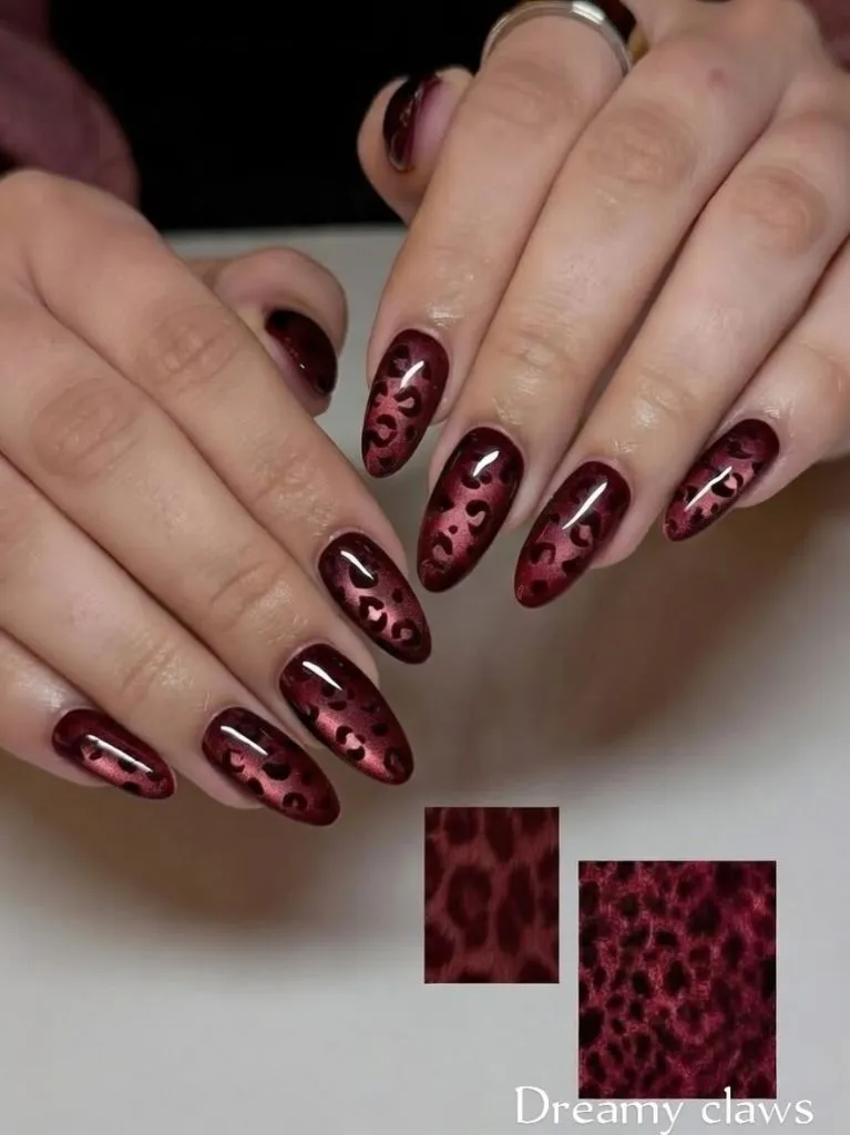 August Nails Ideas 2026 Deep Burgundy Velvet Leopard Nails for a Moody Statement