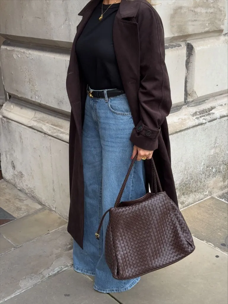 Wide Leg Jeans Outfit Fall 2026 Dark Chocolate Trench Coat With Wide Leg Denim and Woven Bag