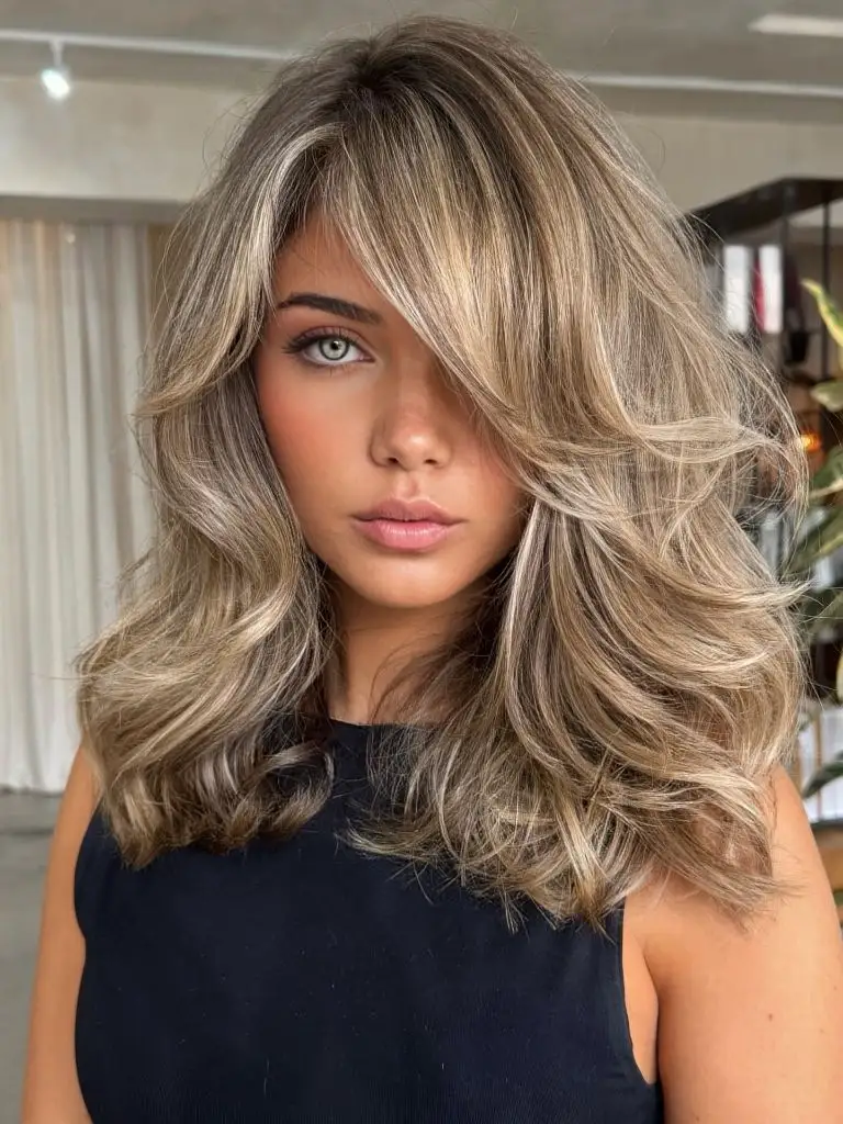 August Hairstyles And Color Ideas 2026 Sunlit Bronde Layers With Soft Curtain Bangs