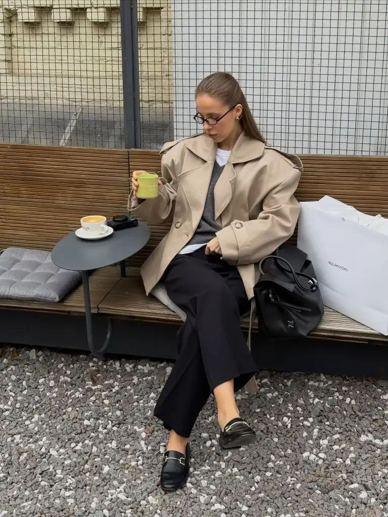 Fall Outfits With Peacoat 2026 Beige Peacoat Layered Over Gray Sweater With Matcha and Loafers