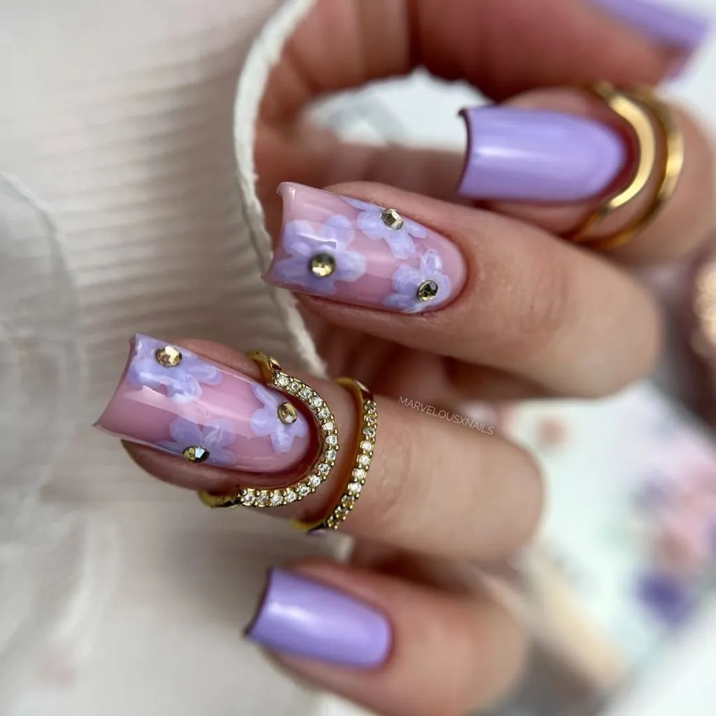 August Nails Color 2026 Lavender Floral Nails With Gold Rhinestones for a Feminine August Finish