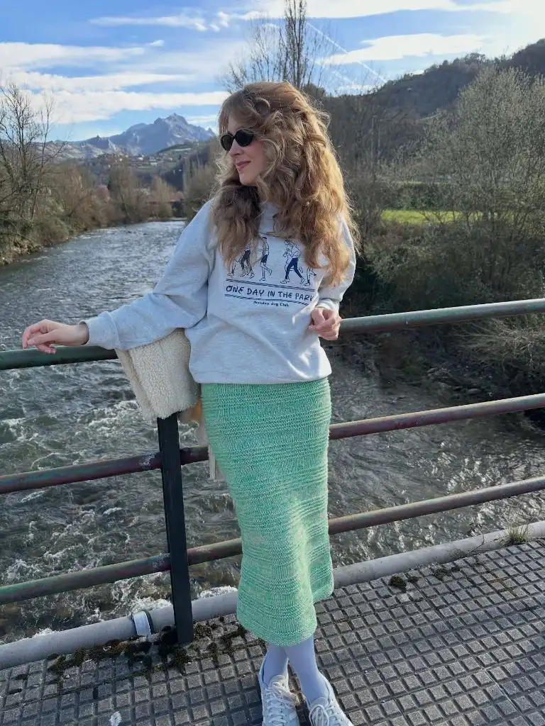 Knit Skirt Outfits Fall 2026 Green Knit Pencil Skirt With a Graphic Sweatshirt for Outdoor Days