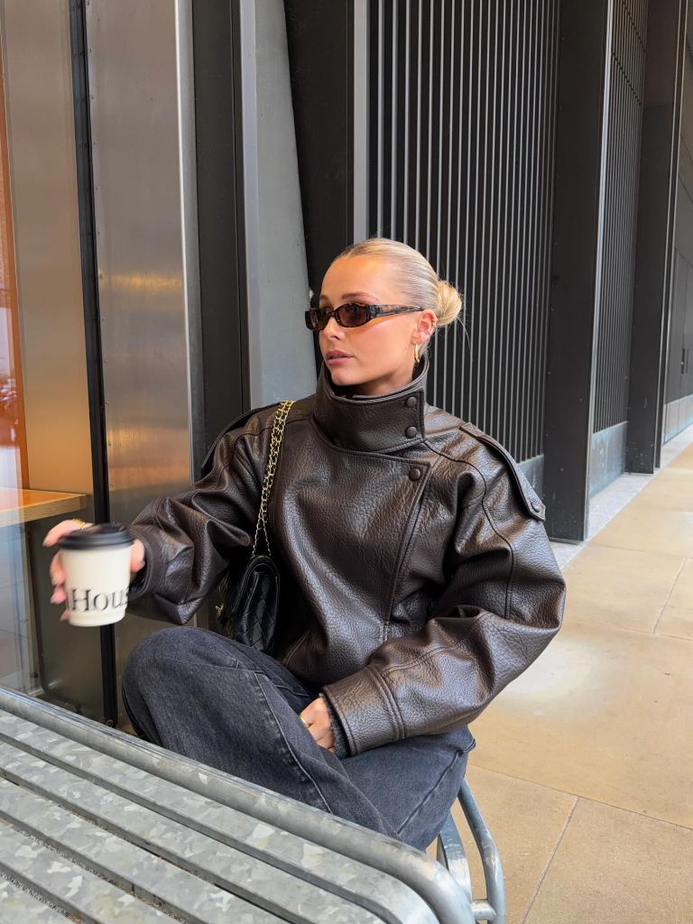 What Are the Best Fall Outfits for Casual Days 2026 Dark Leather Funnel-Neck Jacket With Grey Denim