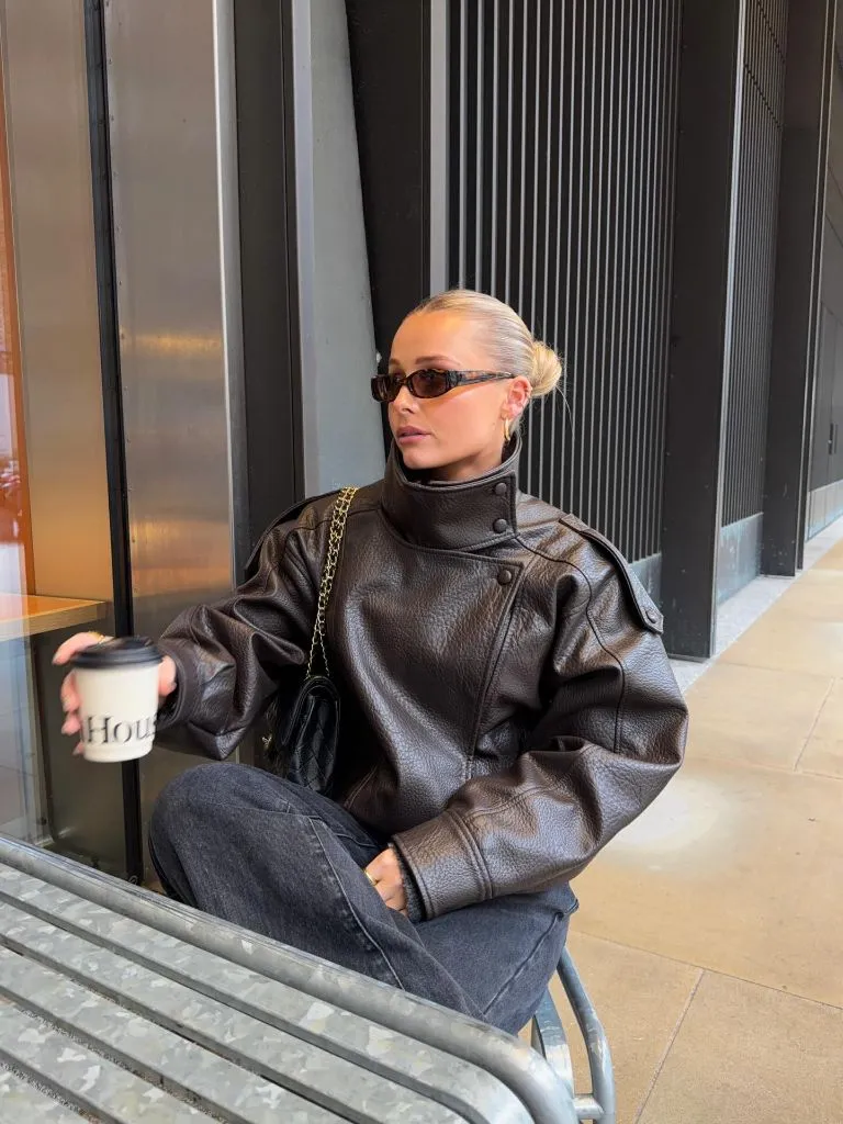 What Are the Best Fall Outfits for Casual Days 2026 Dark Leather Funnel-Neck Jacket With Grey Denim