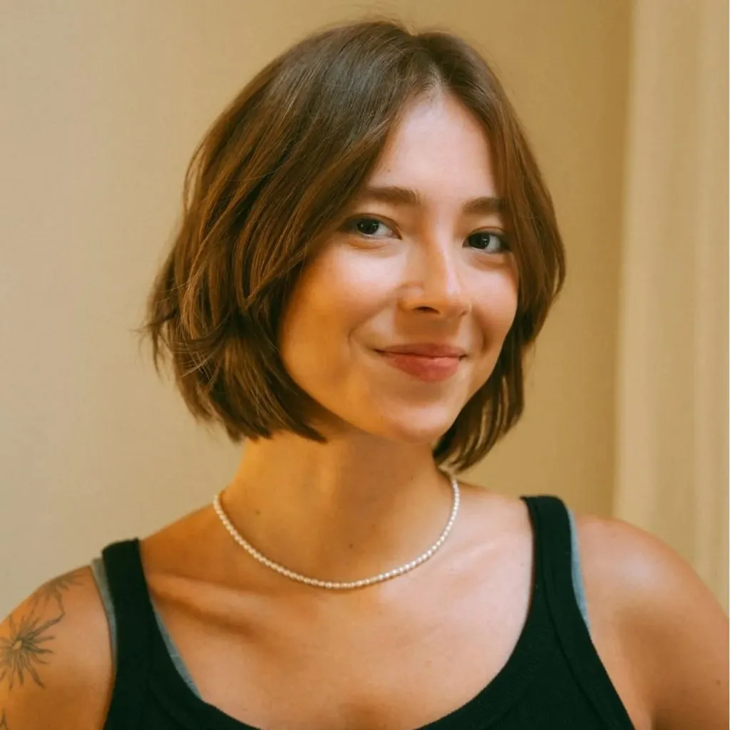Fall Short Haircuts 2026 Tousled Warm Brown Bob With A Soft Side Sweep