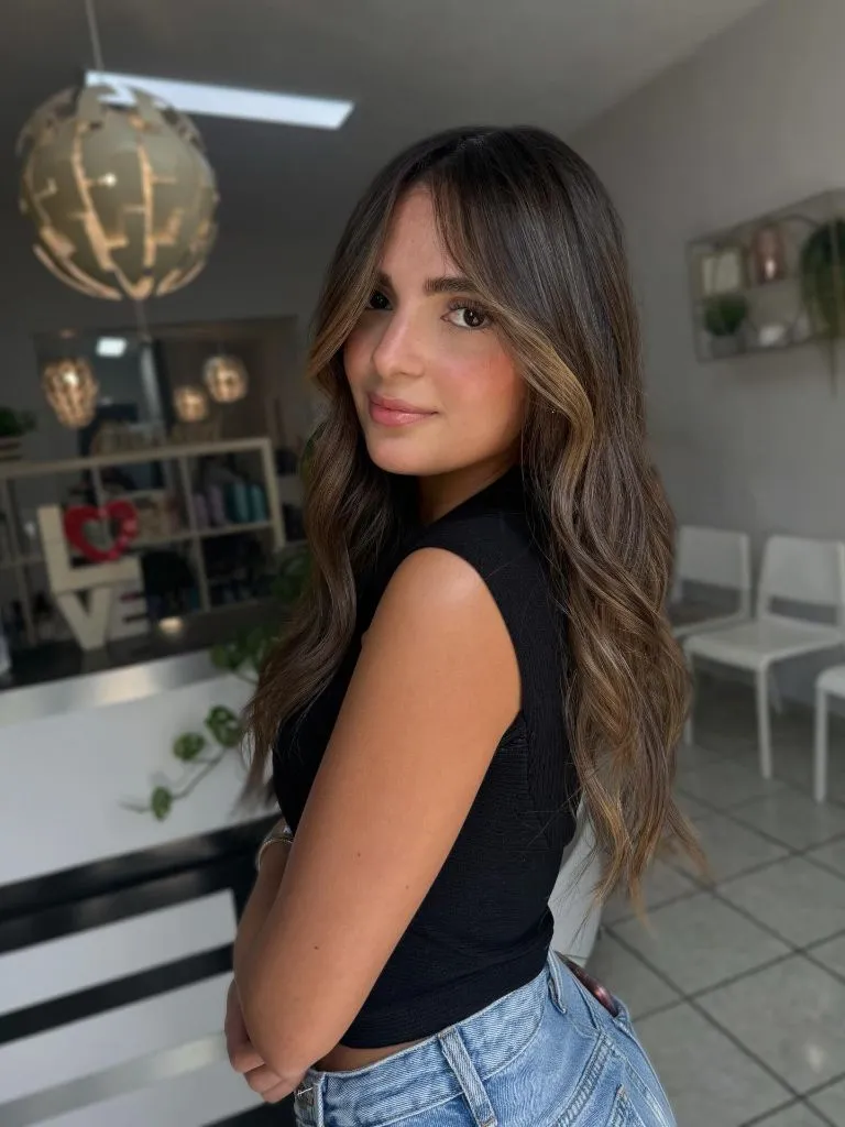 Fall Brunette Hair Colour 2026 Warm Honey Brunette Balayage with Soft Curtain Bangs