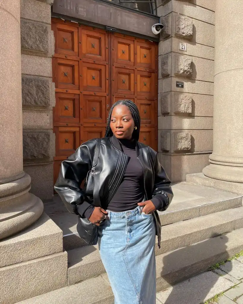 Fall Hair Colors for Black Women 2026 Sleek Cornrow Braids with Oversized Leather Jacket