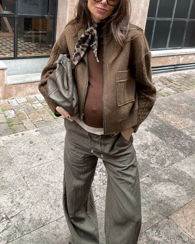 Fall Pregnancy Outfits 2026 Tonal Brown Layers With a Leopard Silk Scarf