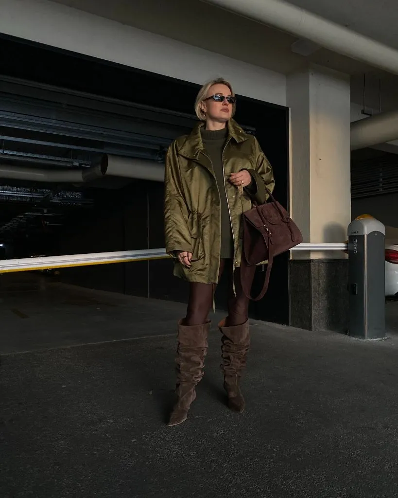Fall Outfits for 2026 Olive Utility Jacket With Suede Over-the-Knee Boots