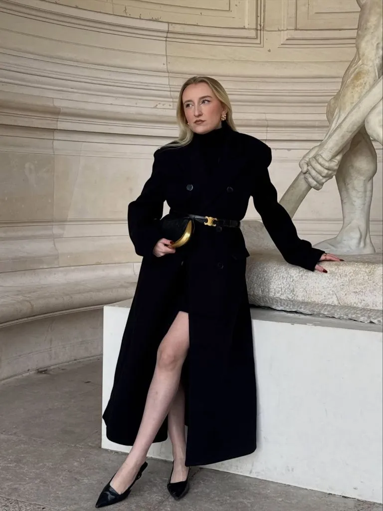 Fall Professional Outfits Women 2026 Black Maxi Coat With Belt And Slingback Flats