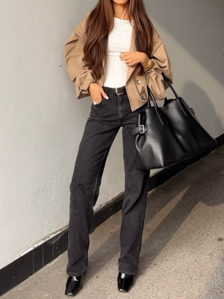 Fall Outfits for 2026 Camel Short Jacket With Black Straight-Leg Jeans