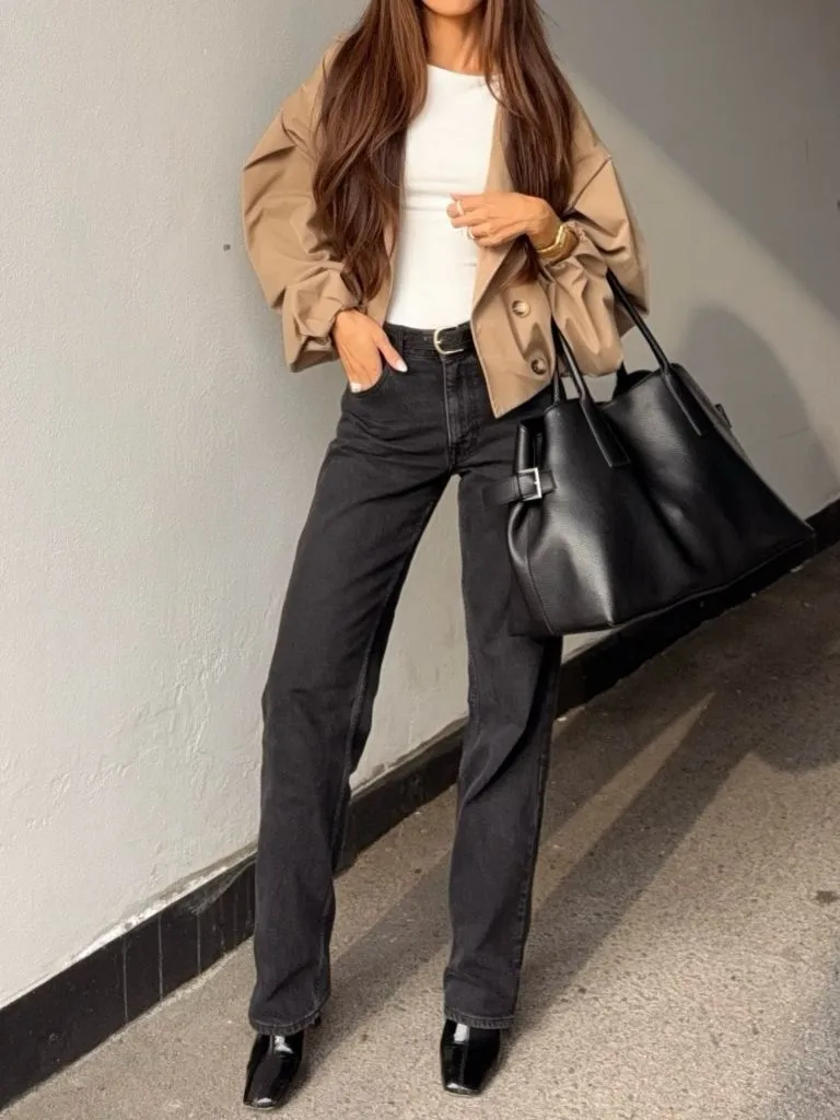 Fall Outfits for 2026 Camel Short Jacket With Black Straight-Leg Jeans