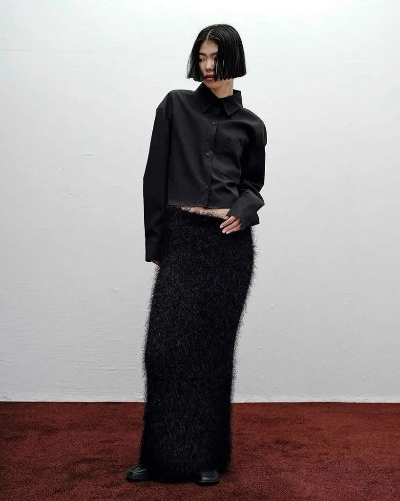 Knit Skirt Outfits Fall 2026 Black Fuzzy Knit Maxi With a Cropped Shirt for Textural Drama