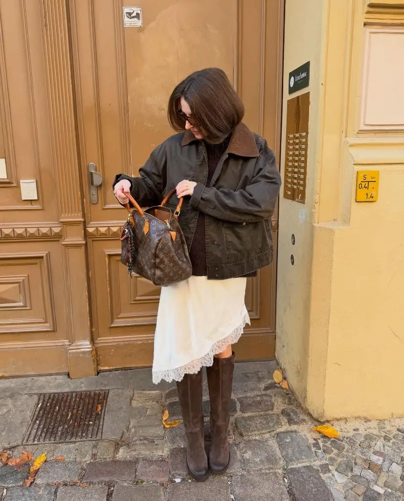 Nice Fall Outfits 2026 Waxed Jacket Over a Lace-Hem Slip With Tall Suede Boots