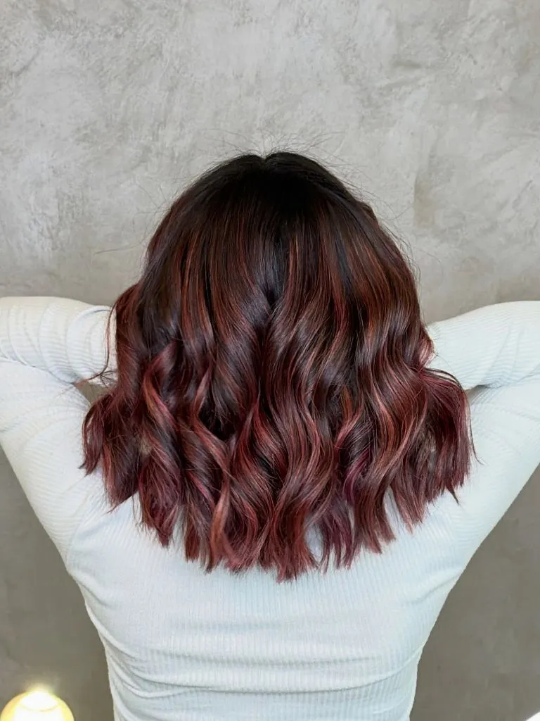 Fall Hair Colour Ideas 2026 Dark Cherry Brunette with Peeking Red Highlights and Textured Curls
